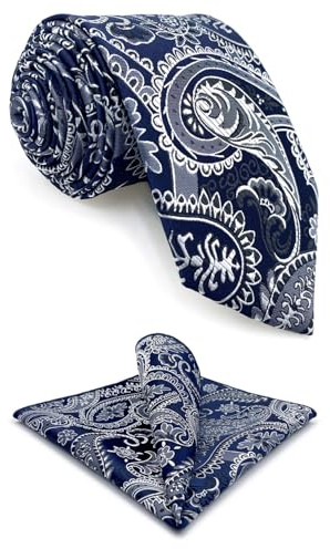 S&W SHLAX&WING Krawatten für Herren Krawatten Set Paisleymuster Marineblau Silber gewebt für Hochzeit Party Satin klassisch Größe 147cm×8cm