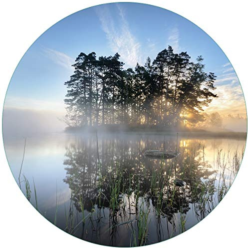 Wallario Glasbild rund Stiller See mit Insel im Morgennebel - Rund, 50 cm Durchmesser Wandbild Glas in Premium-Qualität: Brillante Farben, freischwebende Optik