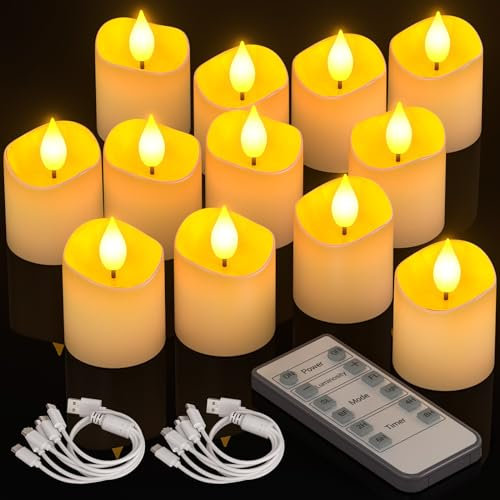 PChero Bougie Chauffe Plat LED Rechargeable, Lot de 12 Fausse Bougies à LED Votives Flamme Vacillante Bougie Decorative Electrique avec Télécommande pour Deco Noel Anniversaire Maison Chambre Mariage