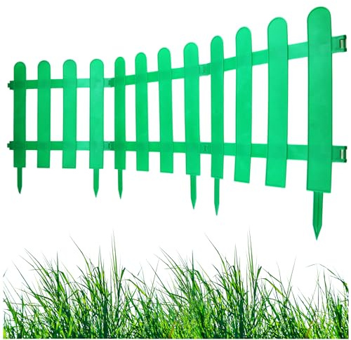 Gartenzaun Steckzaun 3m - Höhe 30 cm - Rasenkante Kunststoff - Beetumrandung - Zaunelemente für Garten - UV - & Frostbeständig, Flexibel - mit Befestigungszubehör Grün