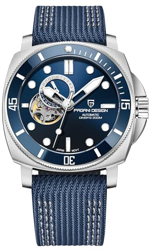 Pagani Design Reloj Automático de los Hombres Tourbillon Esqueleto Moda Relojes de Pulsera analógicos NH39 Movimiento 200M Impermeable Correa de Nylon Luminosa, Piel Azul