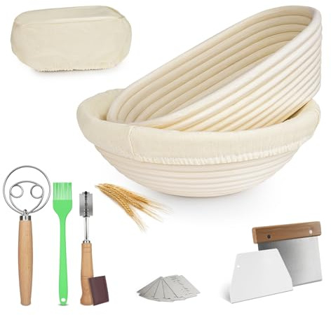 Tiagowell 2xGärkörbchen zum Brotbacken-13 Zubehör Set,Für 1KG Teig,100% Natürliches Rattan,(23cm) Runder /(25cm) Quadrat Gärkorb +Leinendeckel + Brotmesser + 2x Teigmesser + Handfeger + Edelstahl