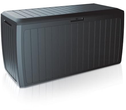 Stolmet 290L Wood-Look Garden Storage Box | Outdoor Plastic Patio Tool Chest & Log Store | 116.6x47x59.5cm | Lockable, Wheeled, Weather-Resistant (Anthracite)