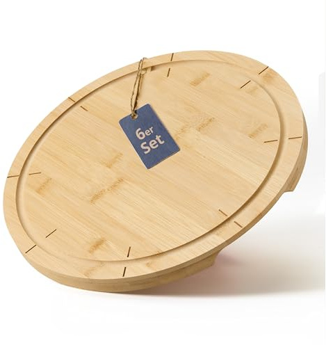 KHG Pizzateller 6er-Set Pizzabrett 33 cm, Schneidbrett Holz, Durchmesser | Bambus schnittfest, 8-fache Einteilung für gleichmäßig große Stücke, Holzteller für Pizza, vielseitig einsetzbar