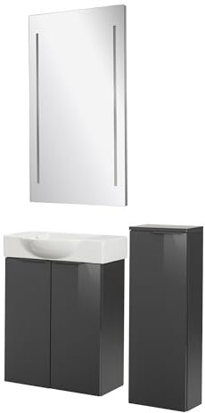 FACKELMANN Luna Gäste-WC Set 4-teilig – Badezimmer-Set mit Waschbeckenunterschrank, Keramik-Waschbecken Hahnloch rechts, Midischrank & LED-Spiegel – Anthrazit Hochglanz, 55 cm, Made in Germany