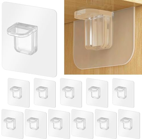 Klebewinkel Selbstklebend Set, 12 Stück Regalbodenträger Ohne Bohren, Schrankboden Halter Selbstklebend, Transparent Einlegeboden Halter 65 × 65 mm für Schrank Kleiderschrank, Fachbodenträger