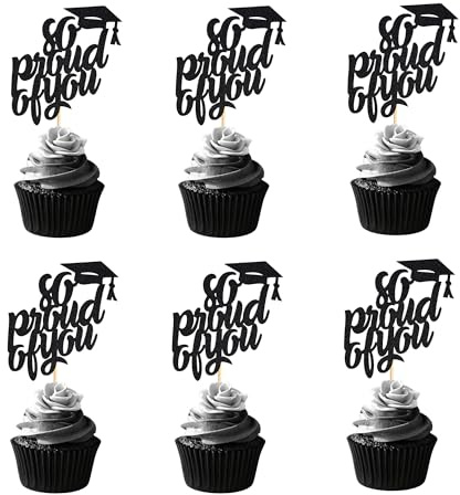 Arthsdite 24Pcs So Proud of You Cupcake Toppers Class of 2025 Cake Decorations Congrats Grad 2025 Grad Cap Cupcake Picks 2025 Graduation Theme Party Cake Decorations Supplies - Black Glitter
