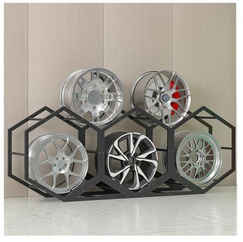 KUANGGE Robustes Felgen-Aufbewahrungsregal für Autoreifen, freistehender moderner modularer Ausstellungsständer für Reifenfelgen/Radnaben, 4s-Store/Einzelhandelsgeschäfte (schwarzes Sechseck, 68 x 3