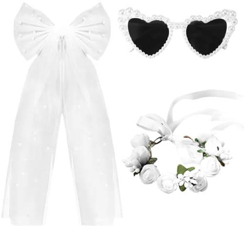 JGA Accessoires Frauen 3 Stück-Schleier JGA Weiß,Herz Sonnenbrille mit Perlen, Braut Armbandblume-Perfektes Set für Junggesellenabschied Frauen, JGA Deko & Hochzeitsfotografie