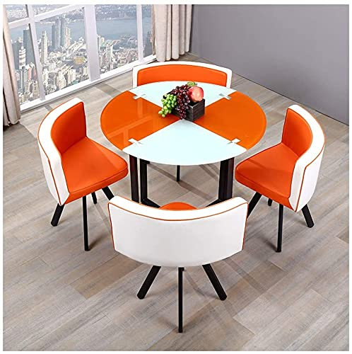 WOTZOV Couchtisch mit Stuhl für Business und Hotel – platzsparendes Esszimmer-Set für Zuhause, Kaffee, Milch, Tee, Tisch und Stuhl, Kombination aus Glas, 1 Tisch, 4 St,Orange Runde