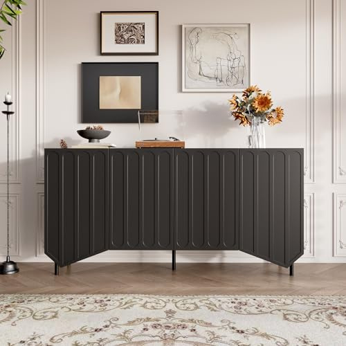 Caldion Modernes Sideboard,Buffetschrank mit 4 Türen,Schwarzer Küchenschrank 160x40x80cm,Aufbewahrung mit 4 Fächern und 5 Beinen,Kommode für Wohnzimmer,Esszimmer