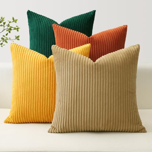 JOTOM 4er Set Cord Kissenbezüge Kissenhülle Dekorative Zierkissen Couchkissen Sofakissen Dekokissen Kordsamt Kissenbezug Deko Kissenhülle für Sofa Wohnzimmer (45x45cm, Braun Gelb Orange Grün)