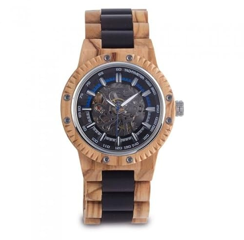 VIBELL Orologio automatico in legno di oliva, bracciale misto legno chiaro e scuro, quadrante scheletro blu, stile meccanico
