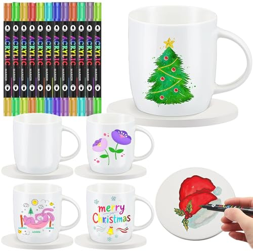 REDKNOT Keramik Tassen Bemalen Set WeißE Porzellan Tasse Zum Bemalen Set DIY Keramik Malset mit Enthält Tassen, Untersetzer und Pinsel Kreative Geschenk für Muttertag Erwachsene Anfänger