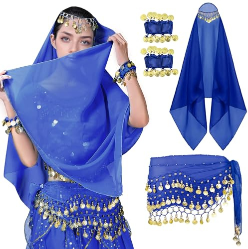 SEAUR Bauchtanz Kostüm Zubehör Set Münzen Chiffon Gürtel Kopftuch und Armbänder Bauchtänzerin Araber-Kostüm Damen Einheitsgröße