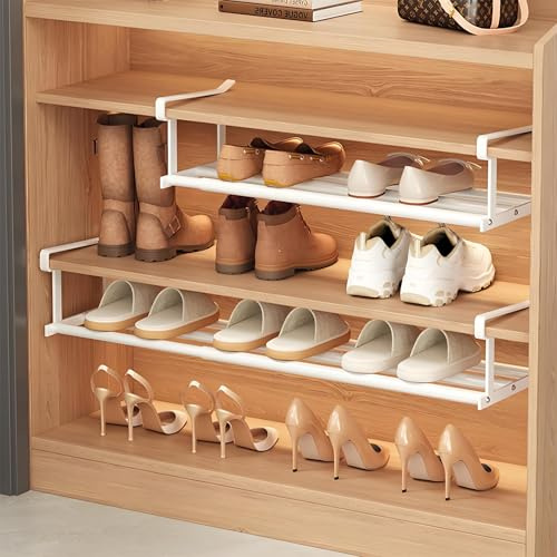 Schuhregal Ausziehbar zum Aufhängen, Karbonstahl Weiß 1 Stück, 40-70 cm Verstellbar, Platzsparend für Schrank, Küche, Eingang und Badezimmer