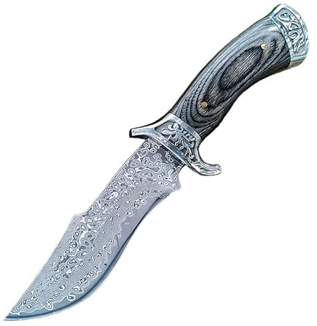 QUYBSGWJ Coltelli in Acciaio Damasco Ad Alta Durezza Con Impugnatura Ergonomica in Legno Massello E Fodero in Pelle Per Campeggio E Escursionismo,Nero,19.7 * 4 * 2cm