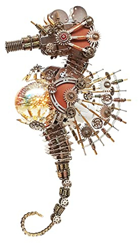 3D Metall Puzzle Tier, Steampunk Mechanisch Seepferdchen Modellbausatz Mit Feuerwerkslampe Version, DIY Montageblock Puzzle Geschenk Schreibtischdekoration (2100+ Teile)