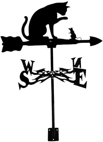 Small Metal Weathervane Cat Series Wind Direction Indicator Ornament Vane for Courtyard Fence Outside Roof Mount Garden (Cat K) Birthday Banner Boy (Black, 32x54cm)