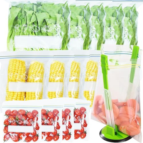 65PCS Reusable Freezer Bags, (L/M/S) Sealable Food Pouches with Bag Stand Holder, BPA Free Leakproof Food Storage Bags Zip Seal for Sandwich Vegetable Meat Grains Snacks