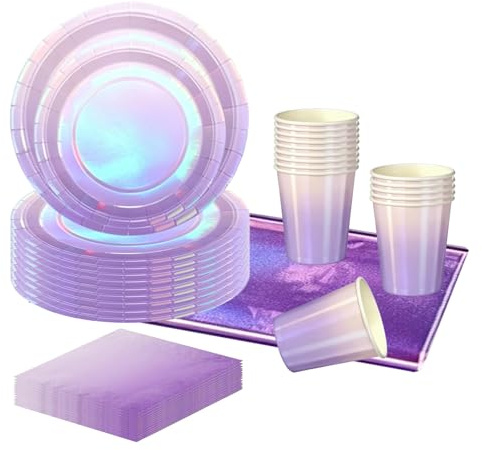 81pcs Holographic Laser Purple Party Tableware Set,Shiny Laser Purple Disposable Dinnerware Paper Plates Cups Napkins and Tablecloth for Birthday,Picnic,Baby Shower Party Supplies Table Decorations