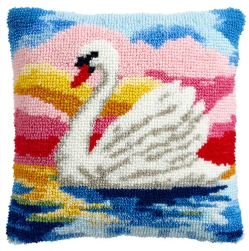 Henypt Kit de Almohadones con Cierre de Gancho Cisne Blanco Kit De Cojines De Pestillo 43X43cm Funda de Cojín para Sofá, Latch Hook Manualidades Kits