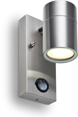 LED Wandleuchte Edelstahl mit Bewegungsmelder Sensitivität Sensor Brenndauer und Einschaltverhalten einstellbar bis 7m Bewegungserkennung mit LED warmweiß und Montagezubehör IP44 GU10-230V (Form: F2)