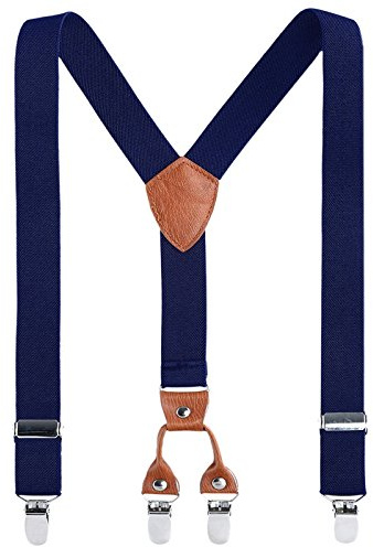 AWAYTR Kids Child Men Boy Suspenders - Adjustable Elastic Solid Color 4 Strong Clips Braces (27Inches (3 Years to 8 Years), Navy blue)