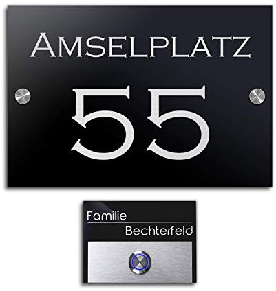 Edles Klingelschild & Hausnummer Set für die Haustür mit Gravur Türklingel