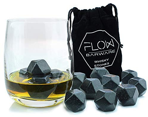 FLOW Barware Whiskey Stones | Polished Diamond Shaped Whisky Cubes | 9x Whiskey Stones Gift Set For Men Dad, Fathers Day | Keep Rum & Single Malt Chilled & Undiluted With These Cooling Whisky Rocks