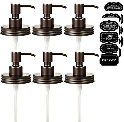 Amolliar Mason Jar Liquid Soap Dispenser Lid, 304 Stainless Steel Pum Lid for 16oz Regular Mouth Mason Jar, Rustic Farmhouse Decor, Hand Soap, Dish Soap, Lotion Soap, Bronze-6 Pack, Extra 3 Long Tubes