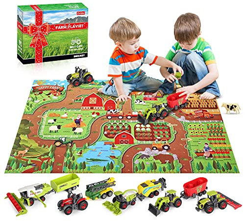Oriate Farm Animals Tractor Toy Set, 38pcs Educational Farming Playset incl Realistic Partially Diecast Tractors and Combine Harvester Toys, Large Activity Play Mat, Ideal Kids Toys Gifts