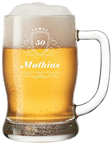 polar-effekt Bierkrug mit gravierten Namen und Jubiläumszahl - Bierglas mit 500 ml Nutzinhalt - Personalisierte Geschenkidee für Biertrinker - Bierseidel - Motiv Jubiläum Wappen
