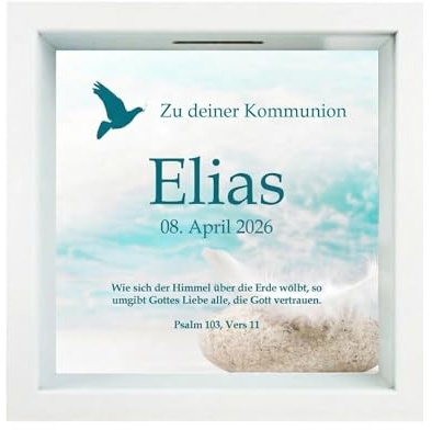Bilderrahmen-Spardose – personalisiert mit Name und Datum – Geschenk zur Kommunion/Konfirmation – Motiv Taube – Geldgeschenk – 3D-Sparbüchse (Kommunion, Blau)