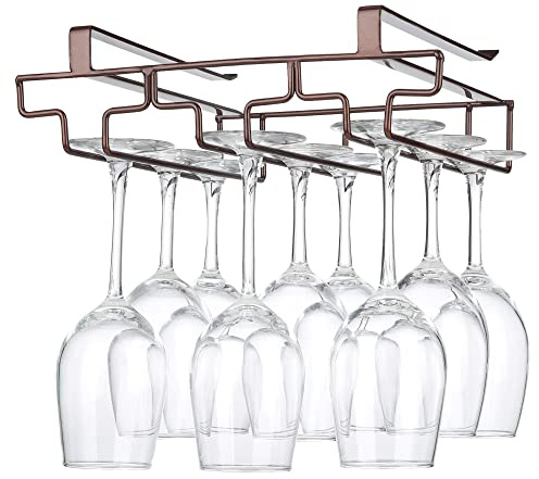 Wine Glass Rack Under Cabinet Drilling Free No Screw Steamware Holder Under Shelf Metal Wine Glasses Holders 304 Stainless Steel Hanger Storage Organizer Hanging Glass Fit for Bar Kitchen 3 Rows Brown