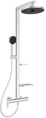 Ideal Standard - Alu+, Colonna doccia in alluminio con rubinetto esterno meccanico, Struttura doccia con mensole a libera installazione doccetta e soffione due funzioni e tubo flessibile, Matt silver