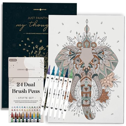 LEBENSKOMPASS Malbuch für Erwachsene und Brush Pen Set - Mandala zur Entspannung mit Pinselstiften fürs Ausmalen, Kalligraphie und Handlettering