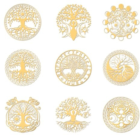 OLYCRAFT 9pz Albero della Vita Adesivi in Metallo 4x4cm Celtico Adesivi Autoadesivi Metallo Oro Per Artigianato Album di Ritagli Decorazioni per Telefono e Bottiglie d'Acqua