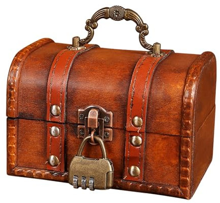 Sporgo Vintage Holz Schatztruhe Klein: Schatzkiste mit Zahlenschloss, Retro Kleine Holzkisten, Schatztruhe Kinder Lagerung Schmuckkästchen, Mini Holztruhe für Aufbewahrung und Dekoration