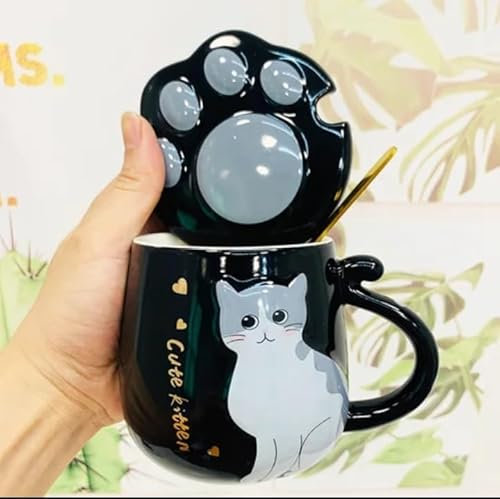Taza de cerámica con tapa y cuchara de 500ml, taza para desayuno de la tapa cuenco para cereales