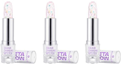 essence META GLOW COLOUR CHANGING LIPSTICK, Transparent, farbanpassend, Färbeeffekt, natürlich, transluzent, vegan, ölfrei, ohne Parabene, ohne Mikroplastikpartikel, 3er Pack (3x3.4g)