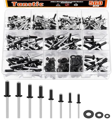 Tanstic 560Pcs Black Aluminum Pop Rivets Kit, 8 Size Blind Rivet Fasteners with 3 Size Backup Washers Assortment Kit for Aviation Automobile Furniture Use