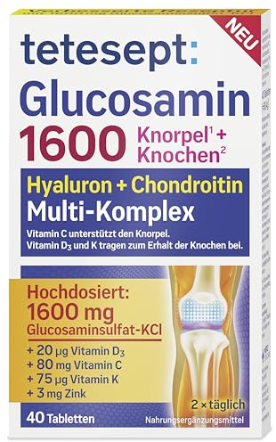tetesept Glucosamin 1600 - Ergänzungspräparat mit Glucosamin und hochdosiertem Vitamin D3 & Vitamin C - für gesunde Knochen und Knorpel - 1 x 40 Tabletten (Nahrungsergänzungsmittel)