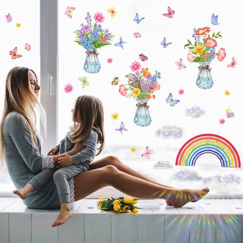 Fensterbilder Blumen Schmetterlinge Fenstersticker, Prisma Fensteraufkleber Vogelschutz, Fensterbild Sommer Deko Fenstertattoo, Anti-Kollision Fensterfolie Blumen, Doppelseitig Fensterdeko Frühling