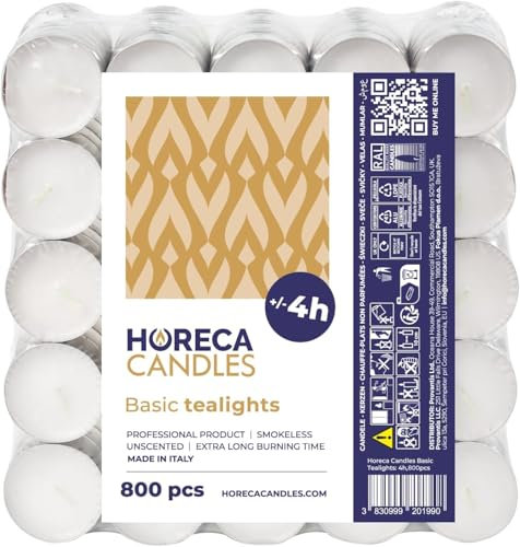 Horeca Candles - 800 Candele Tealight Bianche - Durata 4 Ore di Combustione - Set da 800 Candeline Non profumate - Lumini per Matrimonio, Decorazione, Gastronomia