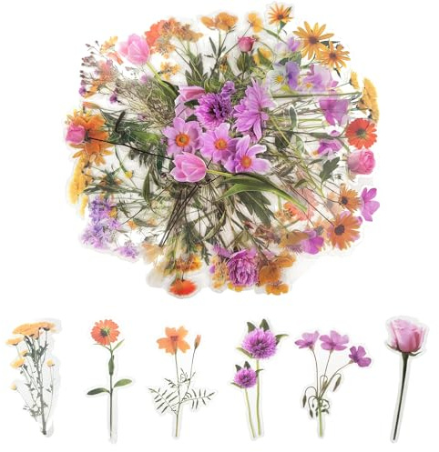80 Stück Blumenaufkleber, transparente Scrapbook-Aufkleber, handgefertigte Blumenaufkleber für Erwachsene, für Scrapbook-Zubehör, Karten und DIY-Bastelarbeiten (Rosa + Kraft)
