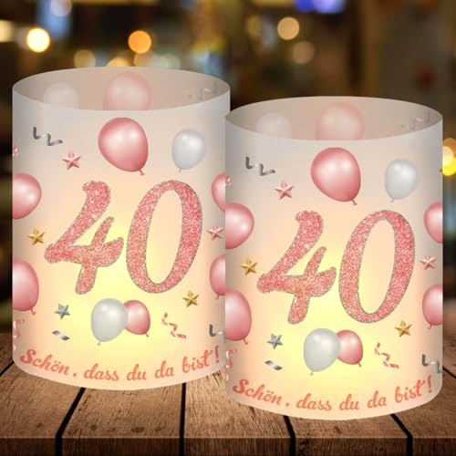 12 Windlicht-Tischdekoration zum 40. Geburtstag - Rosegold, Schön dass Du da bist - Partydekoration für Teelichter oder Kerzen, Happy Birthday