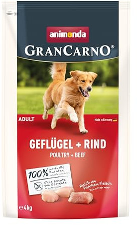 animonda GranCarno Adult Hundetrockenfutter getreidefrei Geflügel + Rind (1 x 4 kg), Trockenfutter für Erwachsene Hunde ohne Gluten und Weizen, Hundefutter trocken mit hoher Bekömmlichkeit
