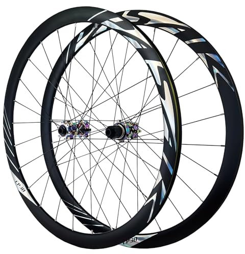 HZXQCVB 700C Rennrad Laufradsatz Scheibenbremse Thru Axle Fahrrad Laufräder Doppellagige Felgen Aus Aluminiumlegierung 24H Straight Pull Naben Für 8-12 Gang Kassette(Colorful)