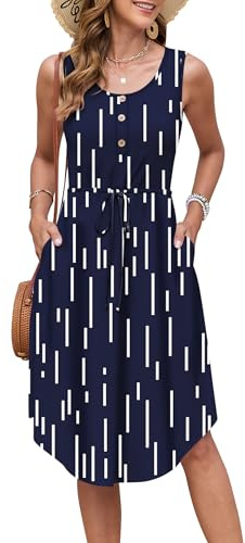 AUSELILY Sommerkleid Damen Ärmellos Kordelzuge Strandkleid Knielang Taschen | Sommerkleider Damen Leicht und luftig Kleider Hohe Taille Strandkleider Midikleid Elegant Kleid Knopfverzierung Freizeitkleid